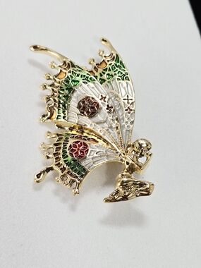 Fairycore Butterfly Fairy Brooch Gold Enamel Winged Pin Whimsical 2.25"